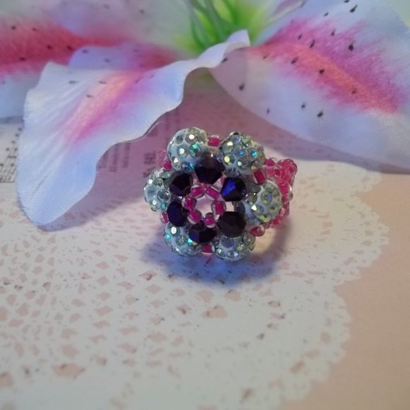 Boho Retro Shamballa /Disco Ball Flower Handcrafted Beaded Ring   Size 6-7 - Picture 5 of 5